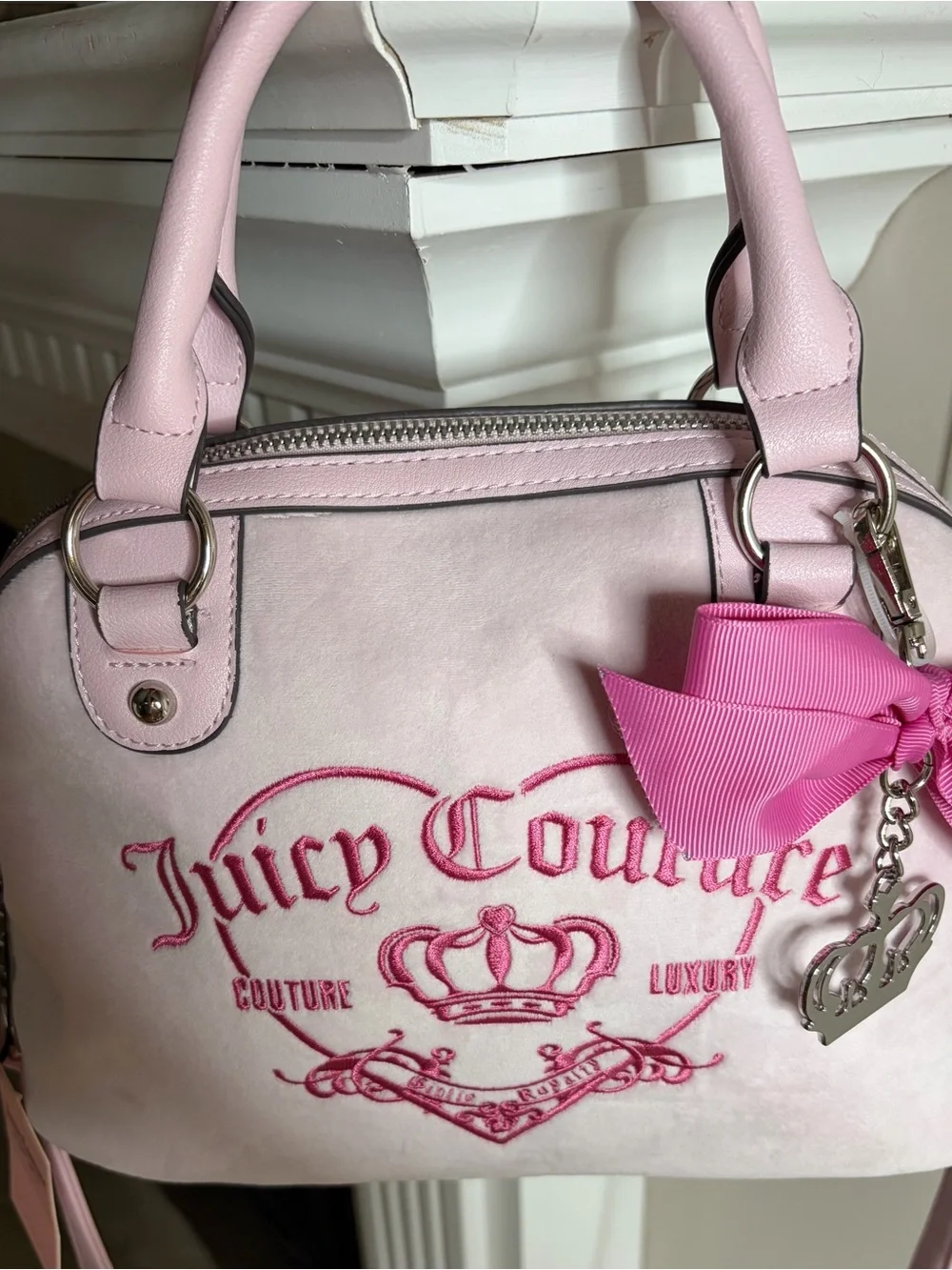 Juicy Couture Pink Mini Satchel with Embroidered Logo and Bow Charm